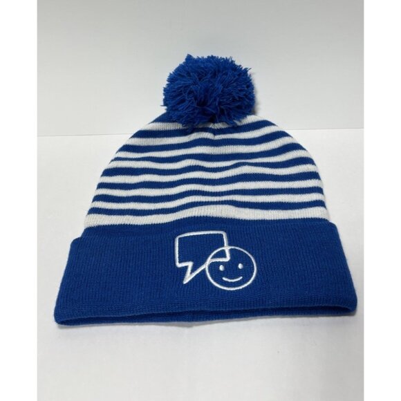 Bell Let's Talk Winter Hat Beanie Blue and White Striped Pom Pom Canadian Promo - Picture 2 of 4